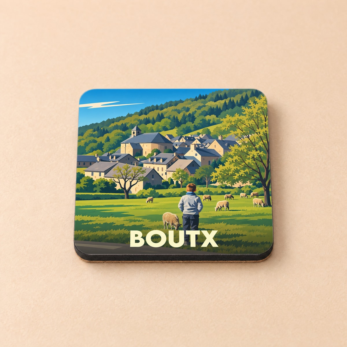 Dessous de verre souvenir de la ville de Boutx avec une illustration stylisée d'un berger et son troupeau devant le village.