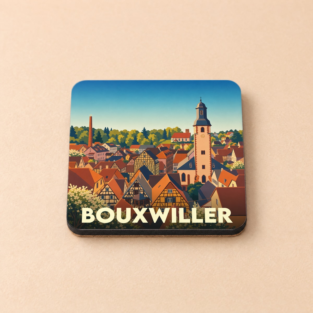 Dessous de verre souvenir de la ville de Bouxwiller avec une illustration stylisée et colorée.