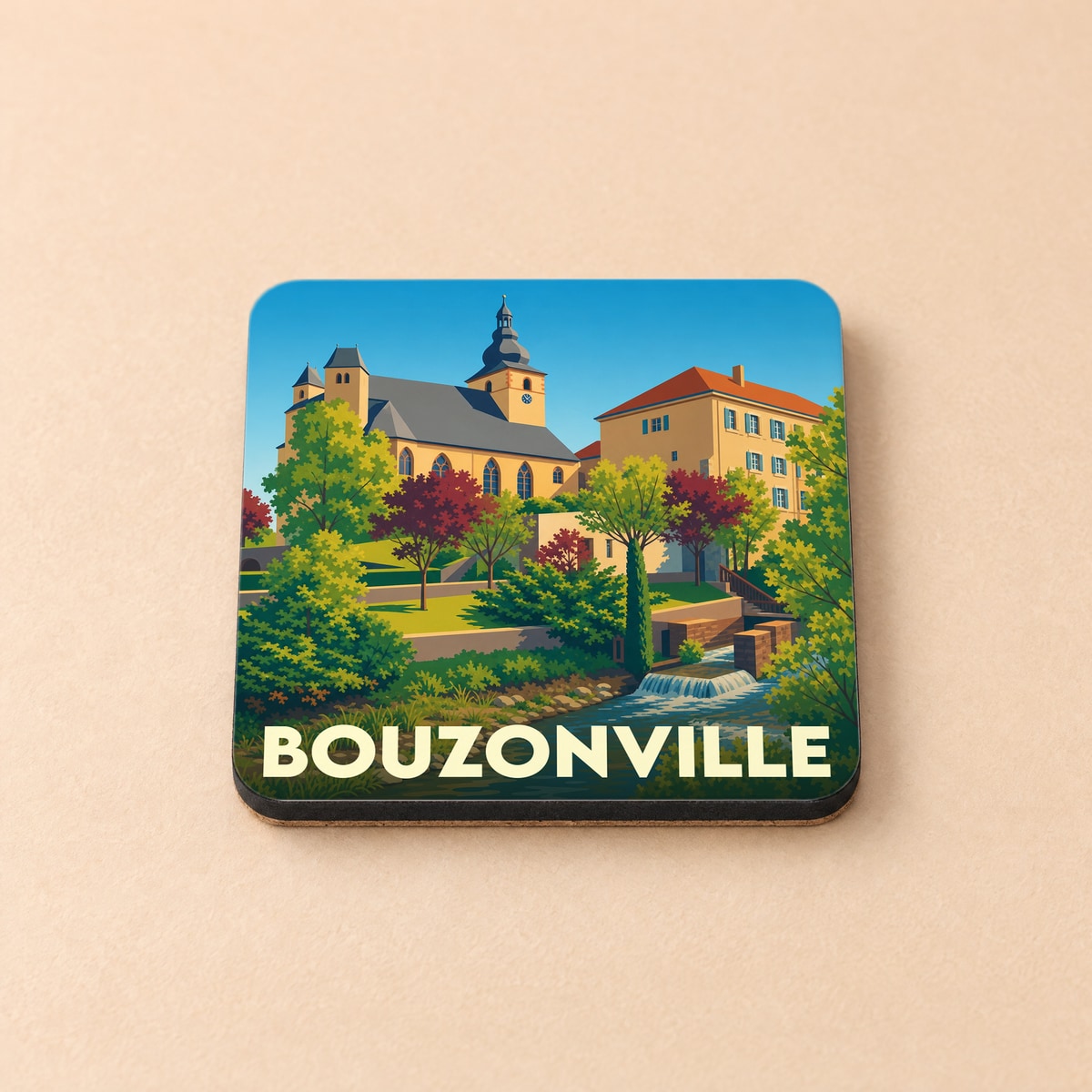 Dessous de verre souvenir de la ville de Bouzonville avec une illustration stylisée de son patrimoine et de sa rivière.