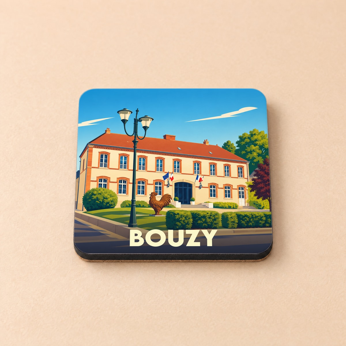 Dessous de verre souvenir de la ville de Bouzy avec une illustration stylisée d'un bâtiment officiel.