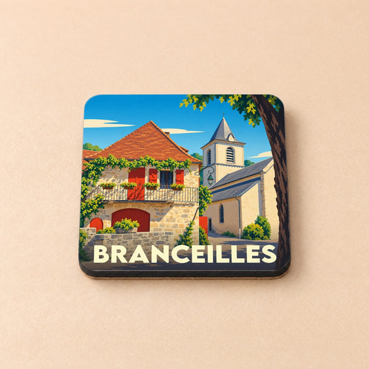 Dessous de verre souvenir de la ville de Branceilles avec une illustration stylisée d'un village pittoresque.