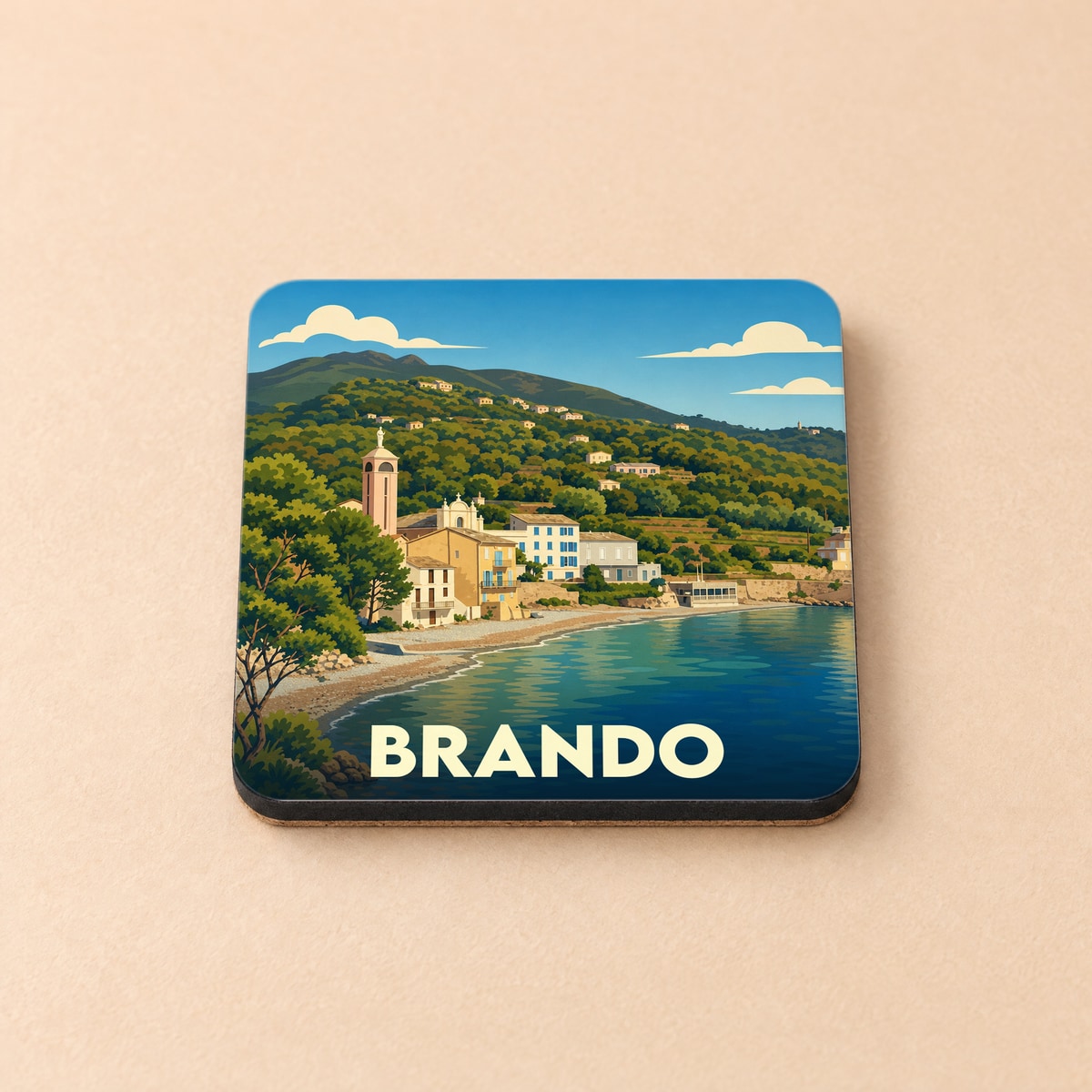 Dessous de verre souvenir de la ville de Brando avec une illustration stylisée.