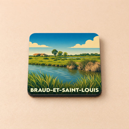 Dessous de verre souvenir de la ville de Braud-et-Saint-Louis avec une illustration de marais stylisée.