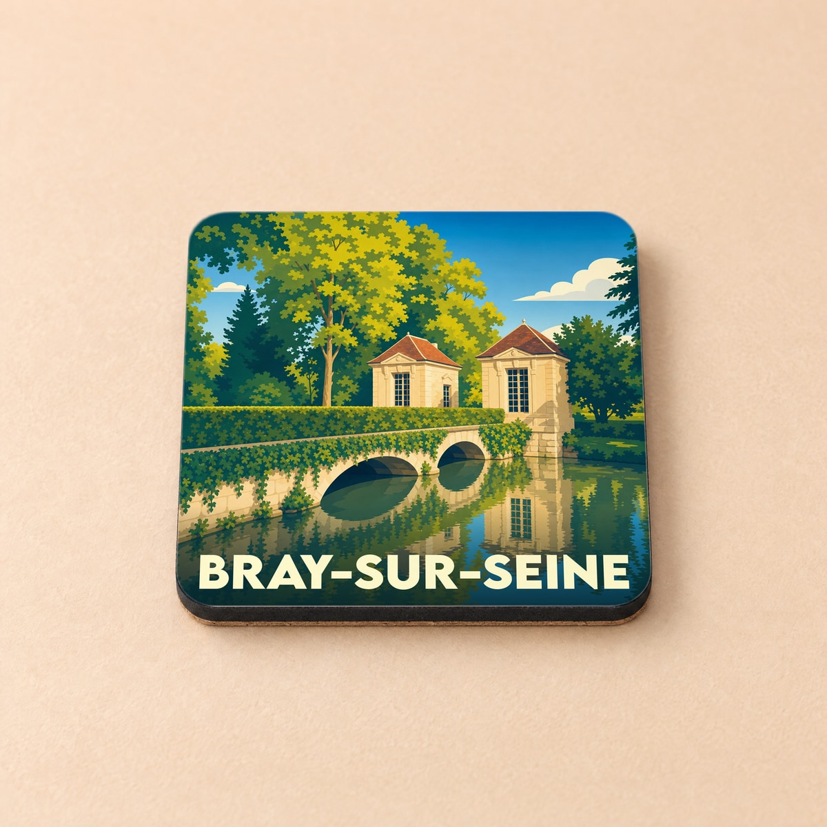 Dessous de verre souvenir de la ville de Bray-sur-Seine avec une illustration stylisée d'un pont et de pavillons au bord de l'eau.