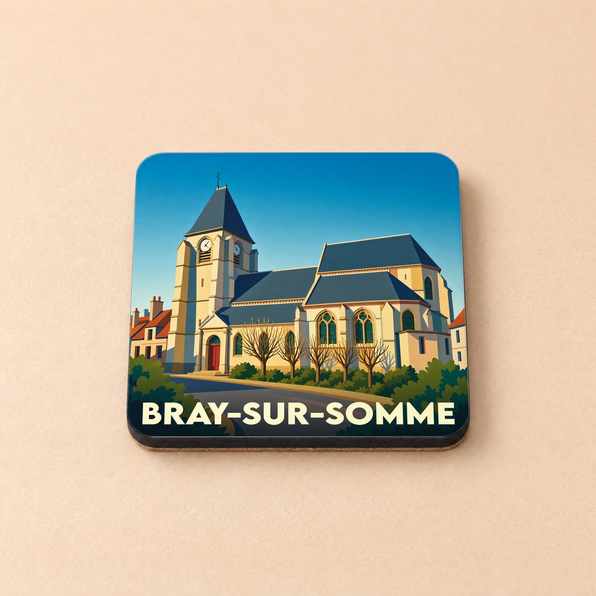 Dessous de verre souvenir de la ville de Bray-sur-Somme avec une illustration stylisée de son église.