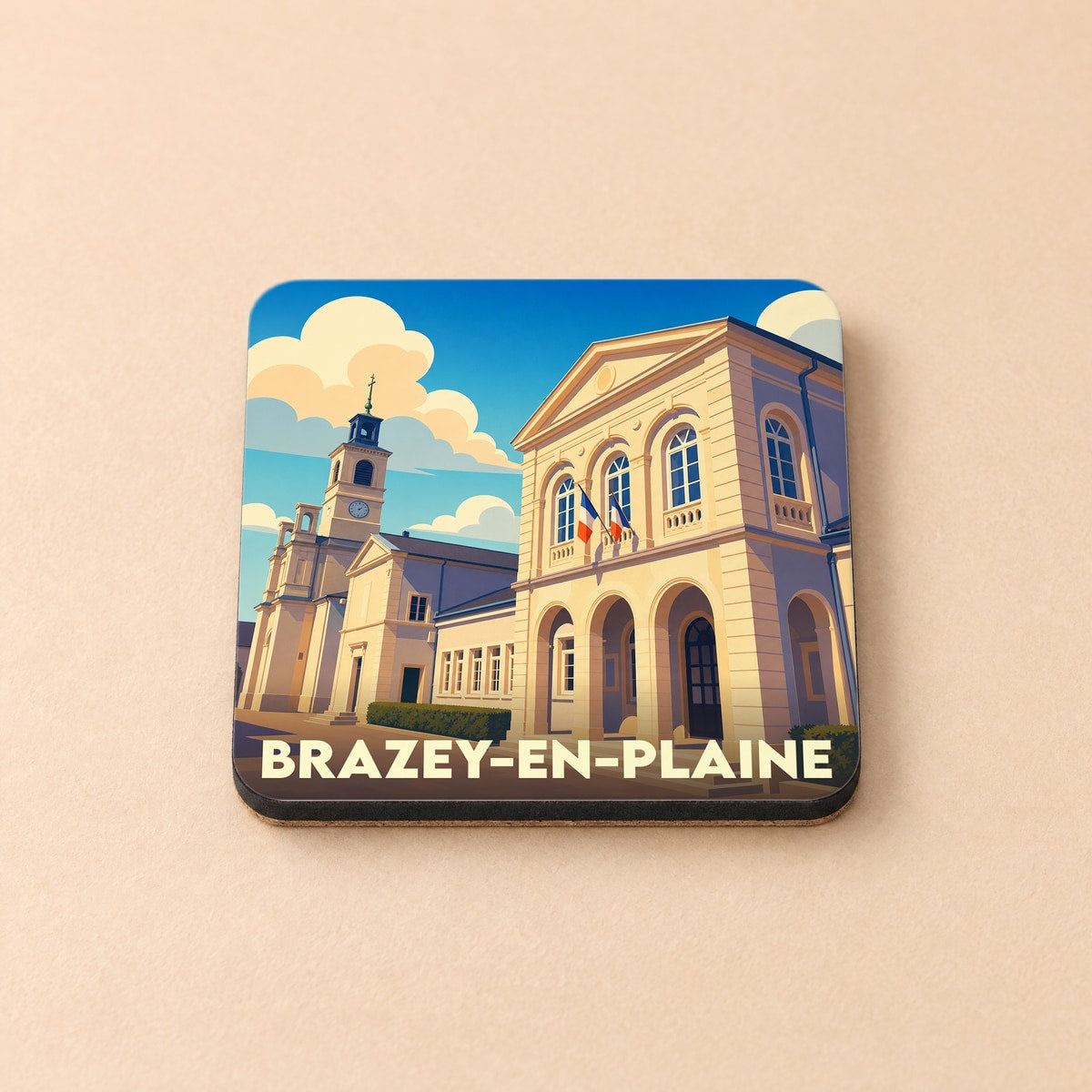 Dessous de verre souvenir de la ville de Brazey-en-Plaine avec une illustration stylisée de sa mairie.