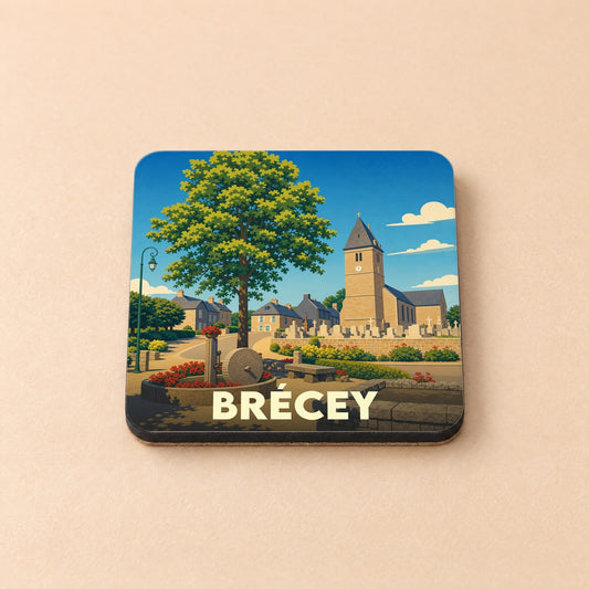 Dessous de verre souvenir de la ville de Brécey avec une illustration stylisée.