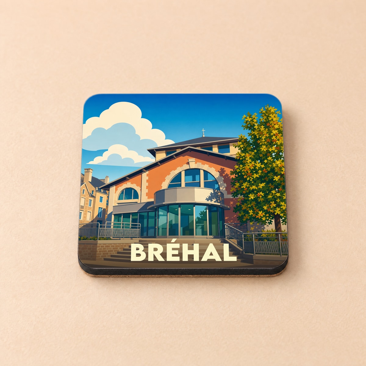 Dessous de verre souvenir de la ville de Bréhal avec une illustration stylisée de son architecture.