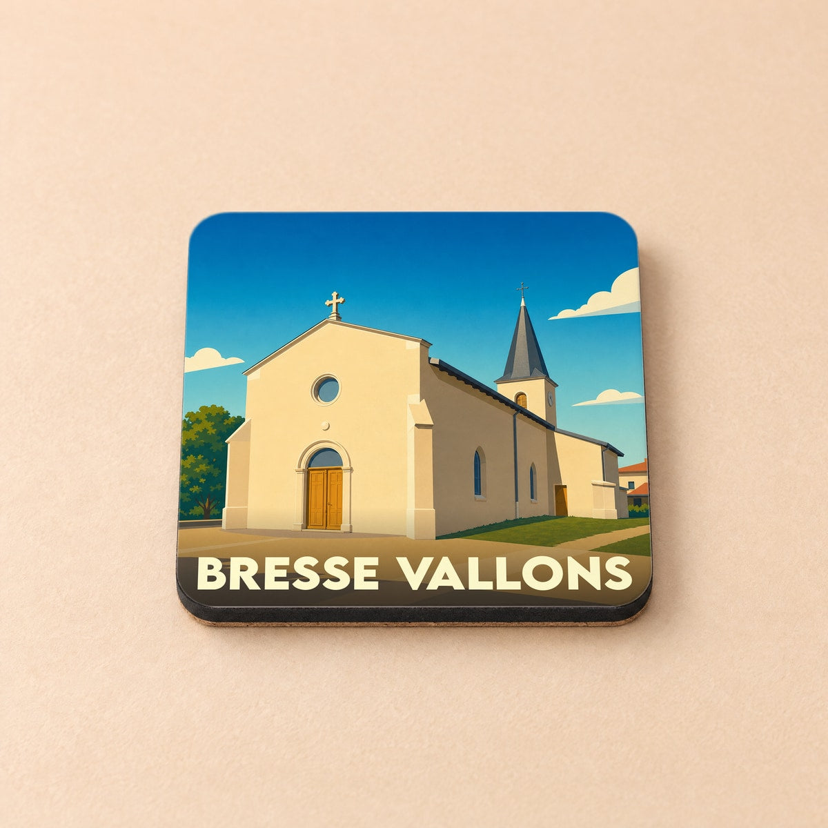 Dessous de verre souvenir de la ville de Bresse Vallons avec une illustration stylisée de son église.