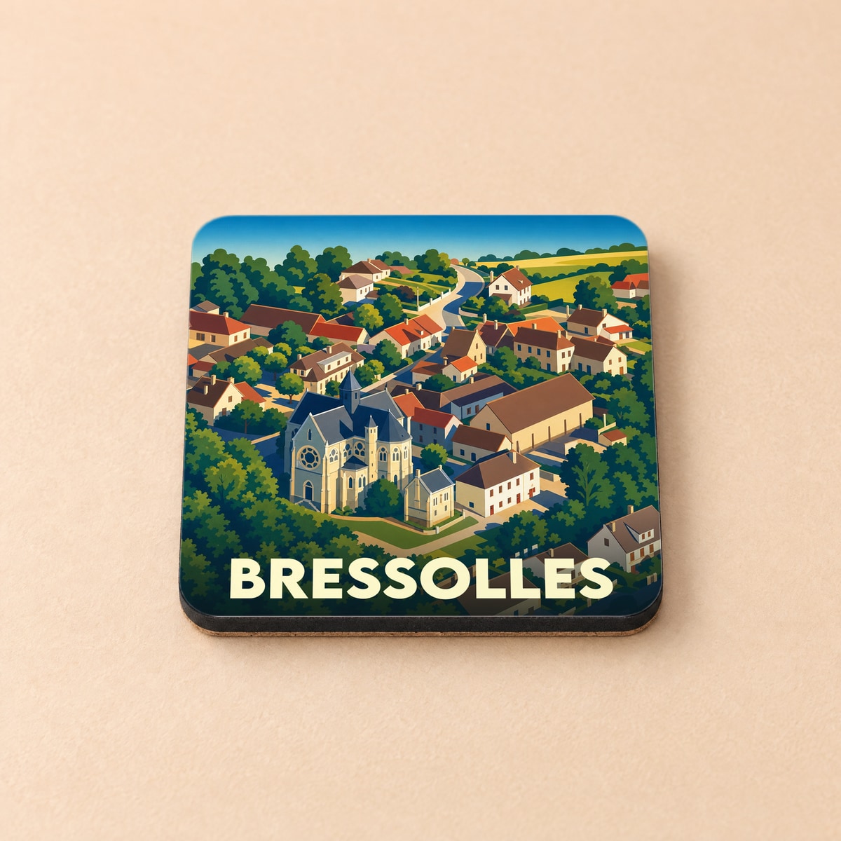 Dessous de verre souvenir de la ville de Bressolles avec une illustration stylisée.