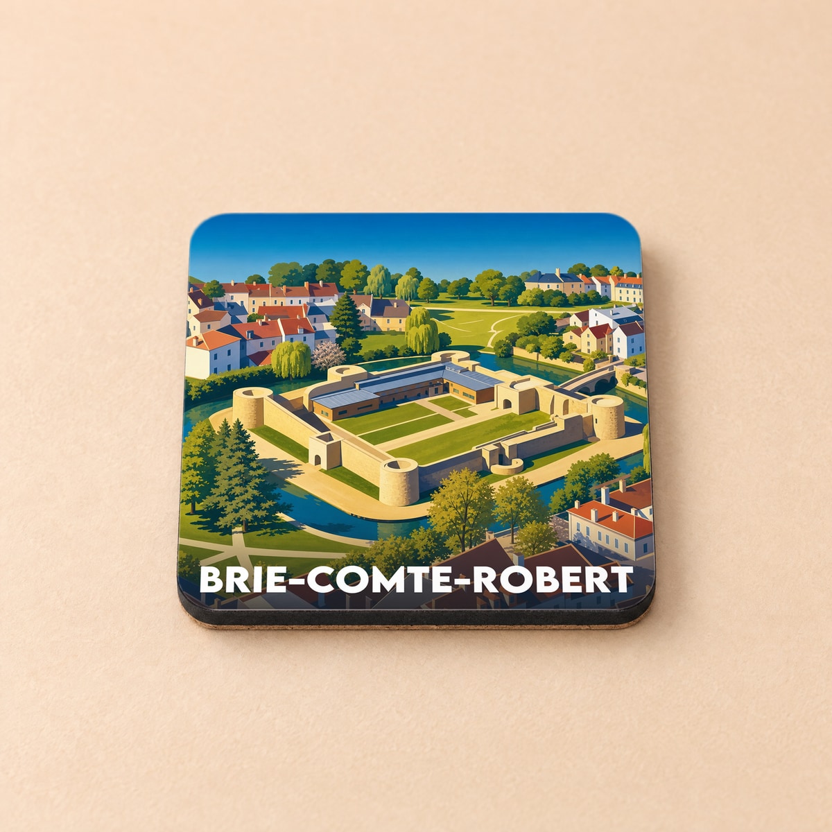 Dessous de verre souvenir de la ville de Brie-Comte-Robert avec une illustration stylisée de son château médiéval.