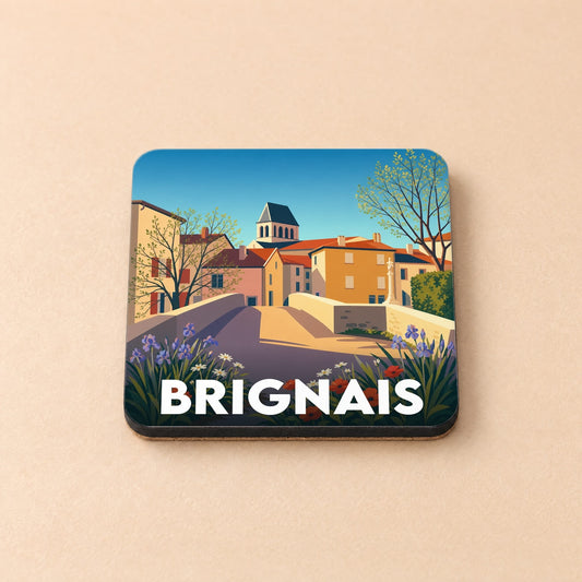 Dessous de verre souvenir de la ville de Brignais avec une illustration colorée et stylisée de son paysage urbain.