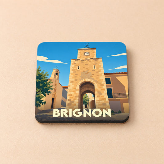 Dessous de verre souvenir de la ville de Brignon avec une illustration stylisée de sa tour médiévale.