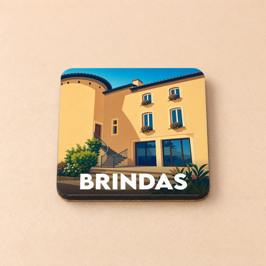 Dessous de verre souvenir de la ville de Brindas avec une illustration stylisée d'un bâtiment provençal.