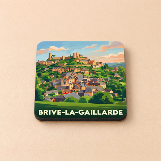 Dessous de verre souvenir de la ville de Brive-la-Gaillarde avec une illustration stylisée.