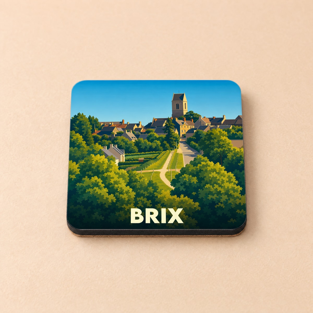 Dessous de verre souvenir de la ville de Brix avec une illustration stylisée.