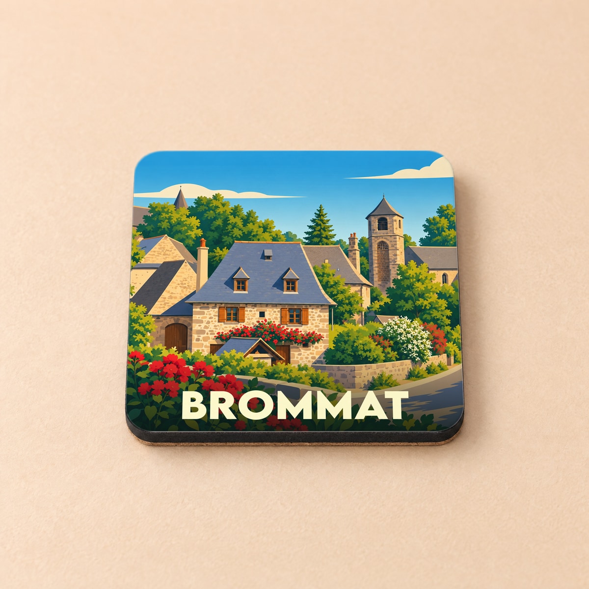Dessous de verre souvenir de la ville de Brommat avec une illustration stylisée d'un village pittoresque.