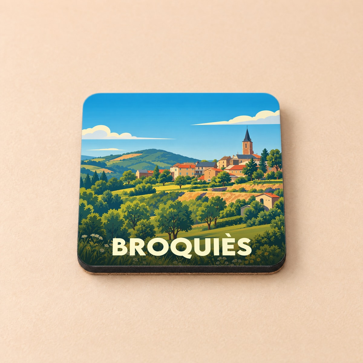 Dessous de verre souvenir de la ville de Broquiès avec une illustration stylisée d'un village vallonné.