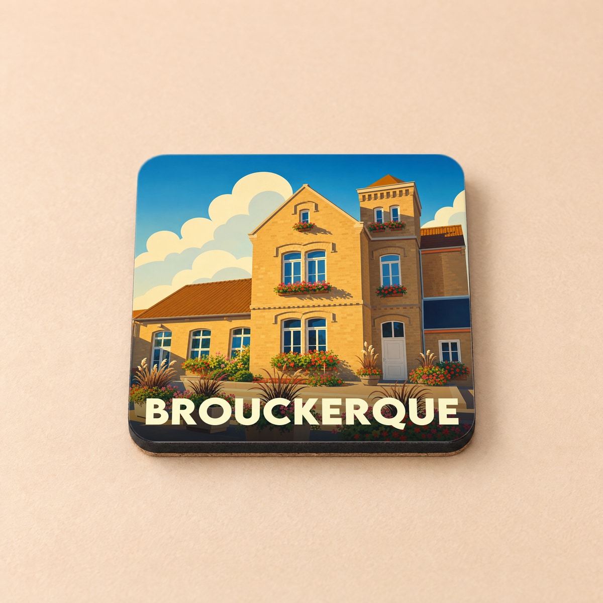 Dessous de verre souvenir de la ville de Brouckerque avec une illustration stylisée d'un bâtiment fleuri.