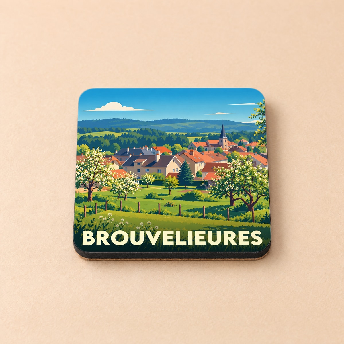 Dessous de verre souvenir de la ville de Brouvelieures avec une illustration paysagère stylisée.