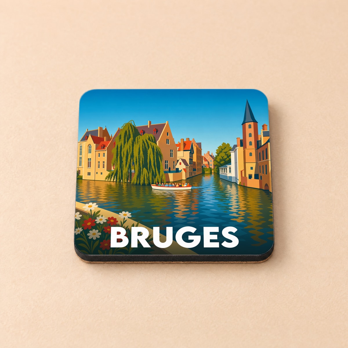Dessous de verre souvenir de la ville de Bruges avec une illustration stylisée de ses canaux.