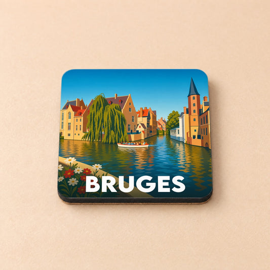 Dessous de verre souvenir de la ville de Bruges avec une illustration stylisée de ses canaux.