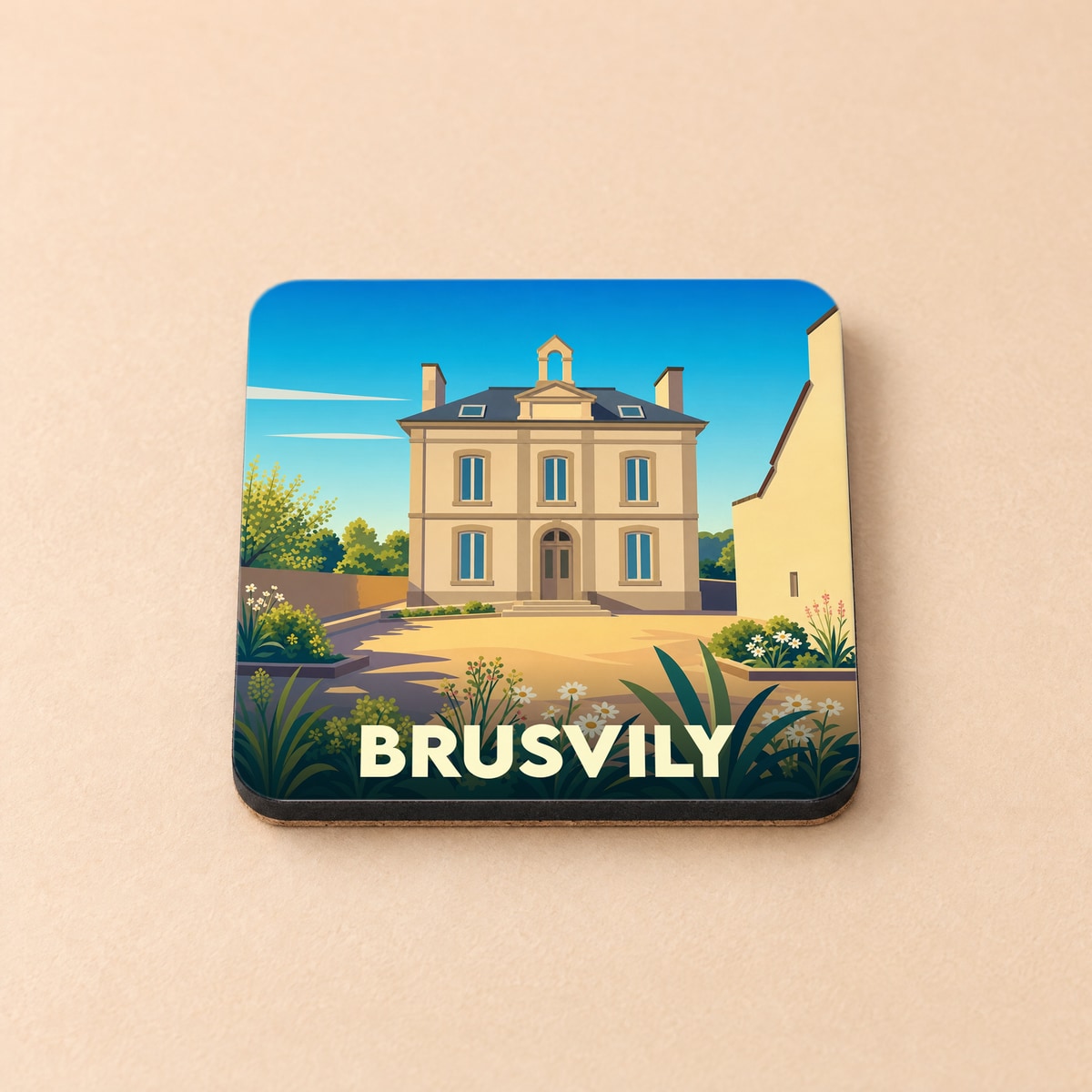 Dessous de verre souvenir de la ville de Brusvily avec une illustration stylisée de sa mairie.