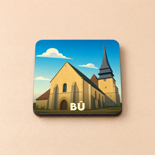 Dessous de verre souvenir de la ville de Bû avec une illustration stylisée de son église.