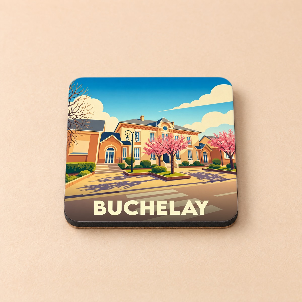 Dessous de verre souvenir de la ville de Buchelay avec une illustration stylisée de sa mairie.
