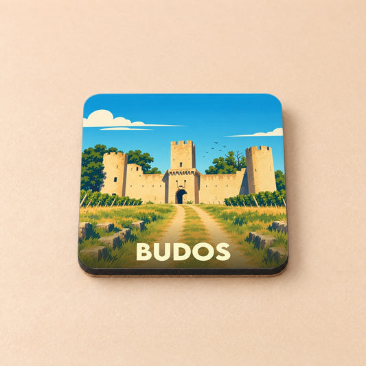 Dessous de verre souvenir de la ville de Budos avec une illustration stylisée de son château médiéval.