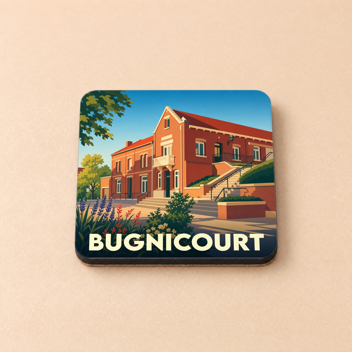 Dessous de verre souvenir de la ville de Bugnicourt avec une illustration stylisée d'un bâtiment en briques rouges.