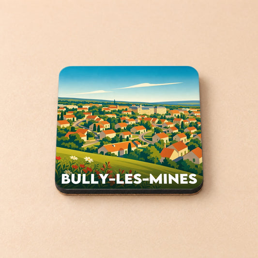 Dessous de verre souvenir de la ville de Bully-les-Mines avec une illustration de paysage urbain stylisé.