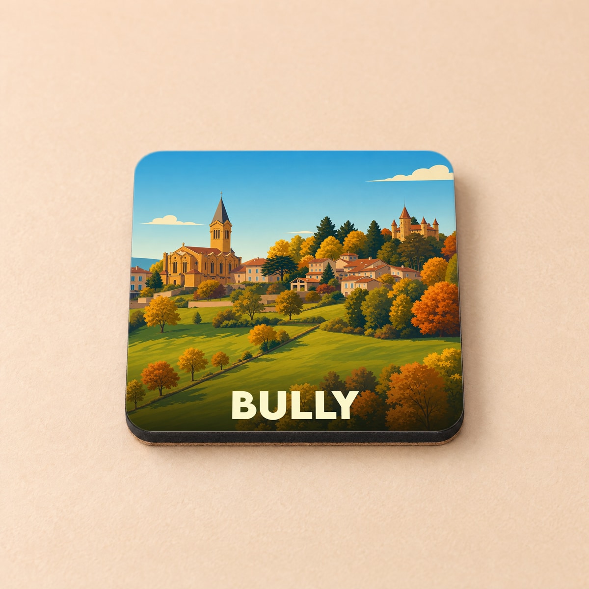 Dessous de verre souvenir de la ville de Bully avec une illustration stylisée d'un paysage automnal.