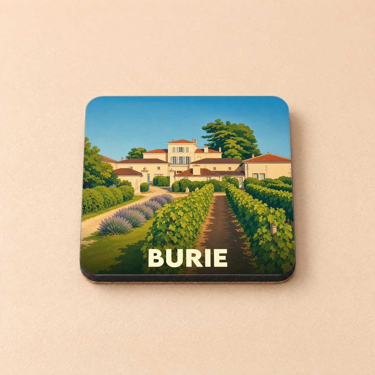 Dessous de verre souvenir de la ville de Burie avec une illustration stylisée d'un domaine viticole.