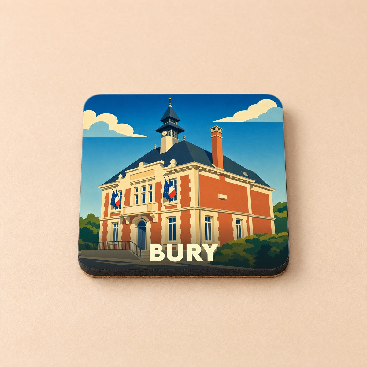 Dessous de verre souvenir de la ville de Bury avec une illustration stylisée de son hôtel de ville.