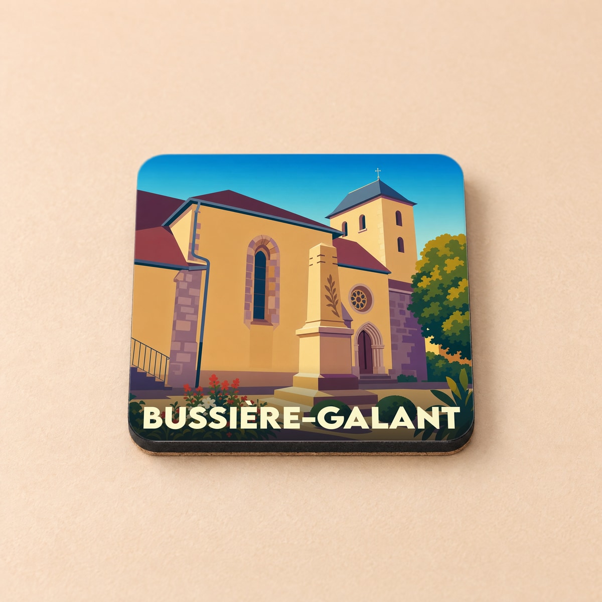 Dessous de verre souvenir de la ville de Bussière-Galant avec une illustration stylisée de son église.