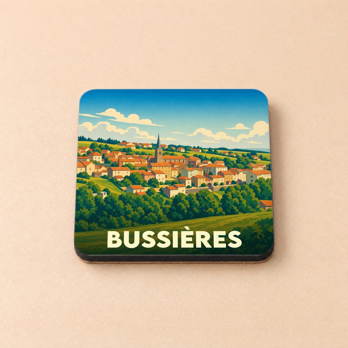 Dessous de verre souvenir de la ville de Bussières avec une illustration stylisée.