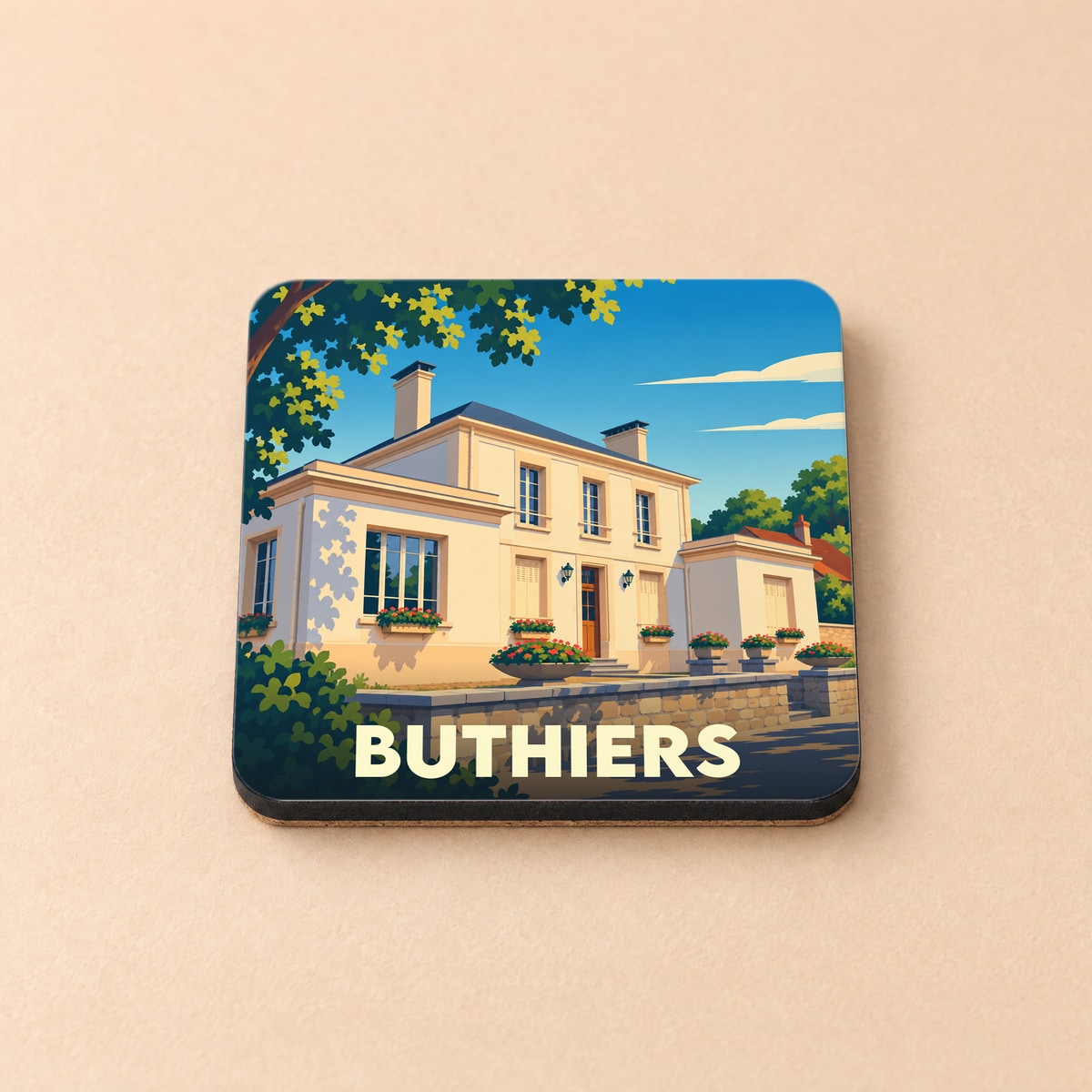 Dessous de verre souvenir de la ville de Buthiers avec une illustration stylisée d'une maison traditionnelle.