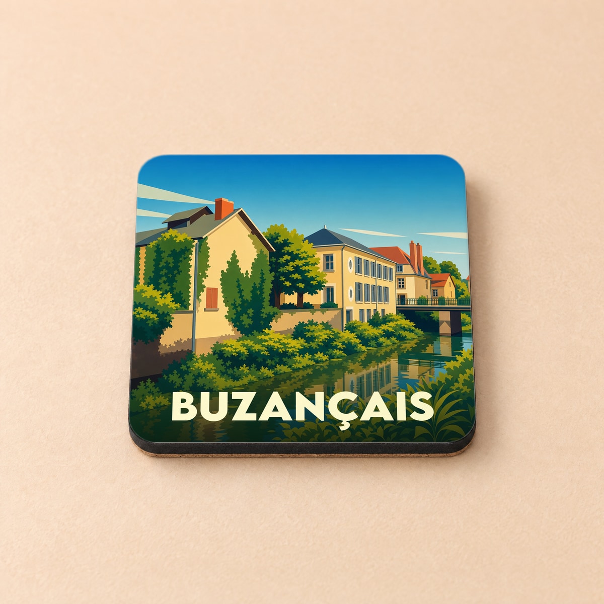 Dessous de verre souvenir de la ville de Buzançais avec une illustration stylisée d'un paysage urbain au bord de l'eau.