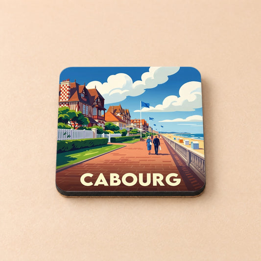 Dessous de verre souvenir de la ville de Cabourg orné d'une illustration stylisée de sa promenade en bord de mer.
