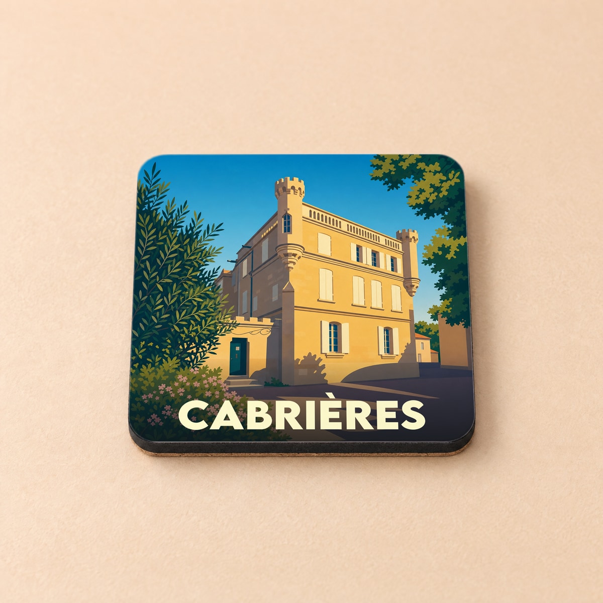 Dessous de verre souvenir de la ville de Cabrières avec une illustration stylisée.