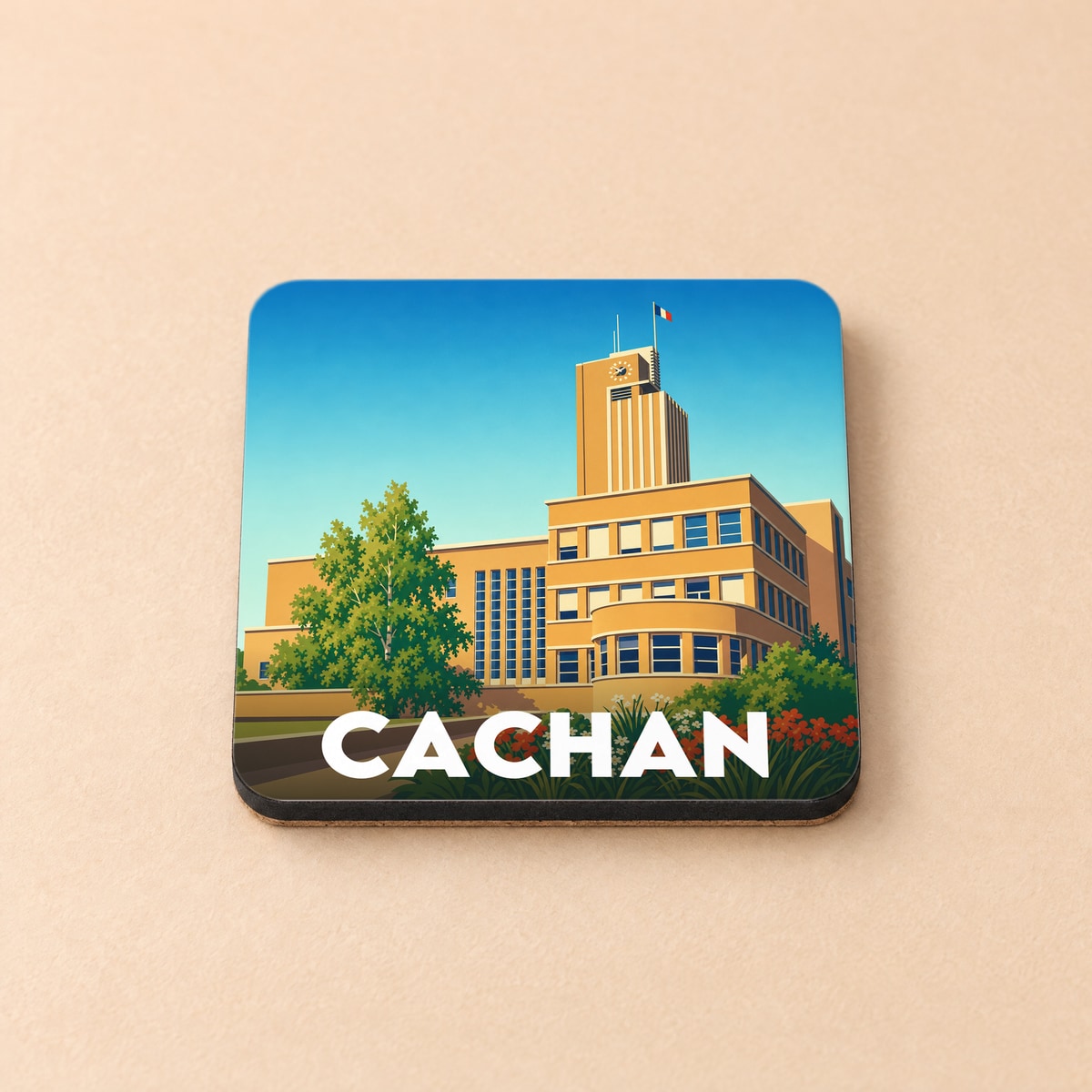 Dessous de verre souvenir de la ville de Cachan avec une illustration stylisée de son hôtel de ville.