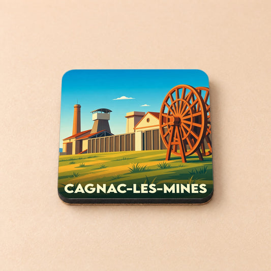 Dessous de verre souvenir de la ville de Cagnac-les-Mines avec une illustration stylisée d'un ancien site minier.