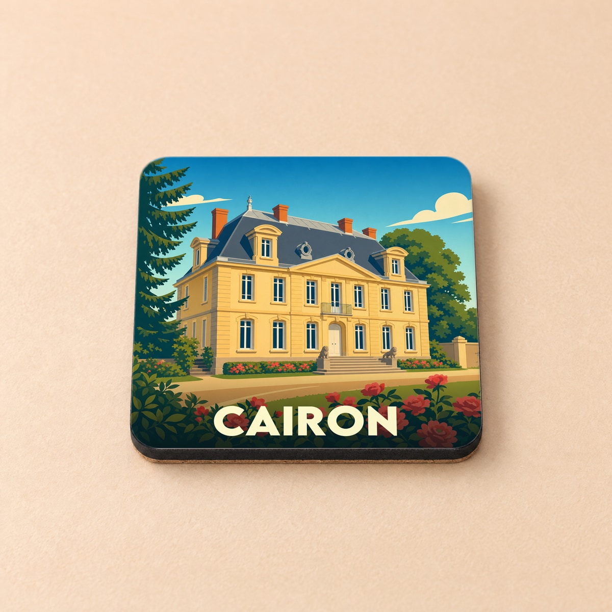 Dessous de verre souvenir de la ville de Cairon avec une illustration stylisée d'un manoir.