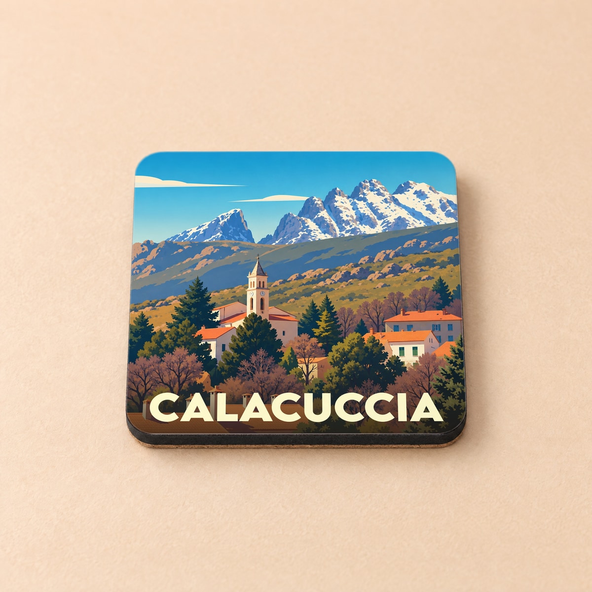 Dessous de verre souvenir de la ville de Calacuccia avec une illustration stylisée de ses montagnes et de son église.