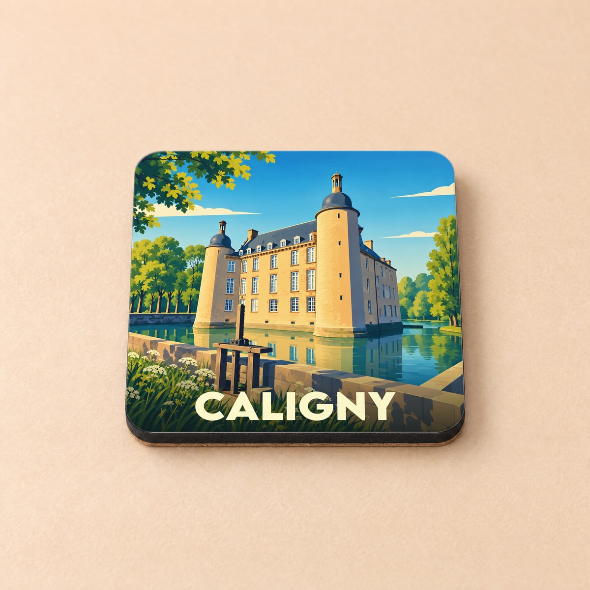 Dessous de verre souvenir de la ville de Caligny illustré d'un château au bord de l'eau.