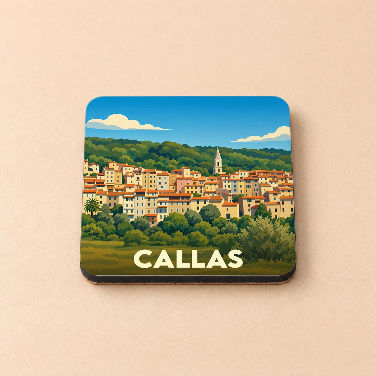 Dessous de verre souvenir de la ville de Callas avec une illustration stylisée d'un village perché.