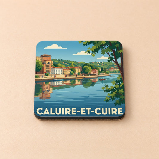 Dessous de verre souvenir de la ville de Caluire-et-Cuire avec une illustration stylisée des bords de Saône.