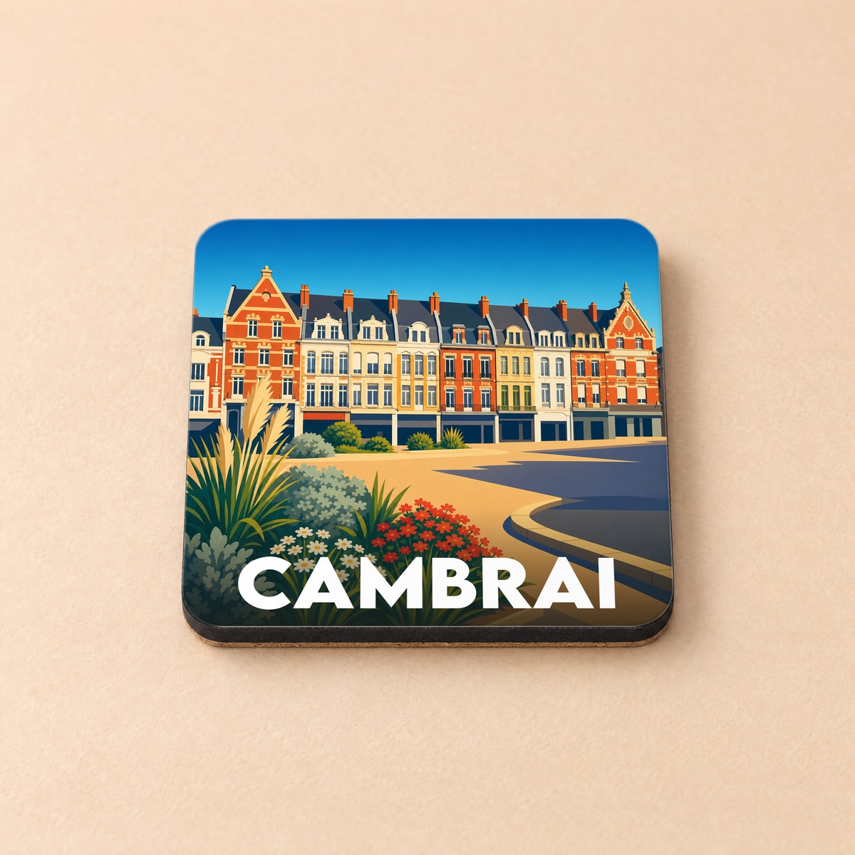 Dessous de verre souvenir de la ville de Cambrai avec une illustration stylisée de bâtiments colorés.