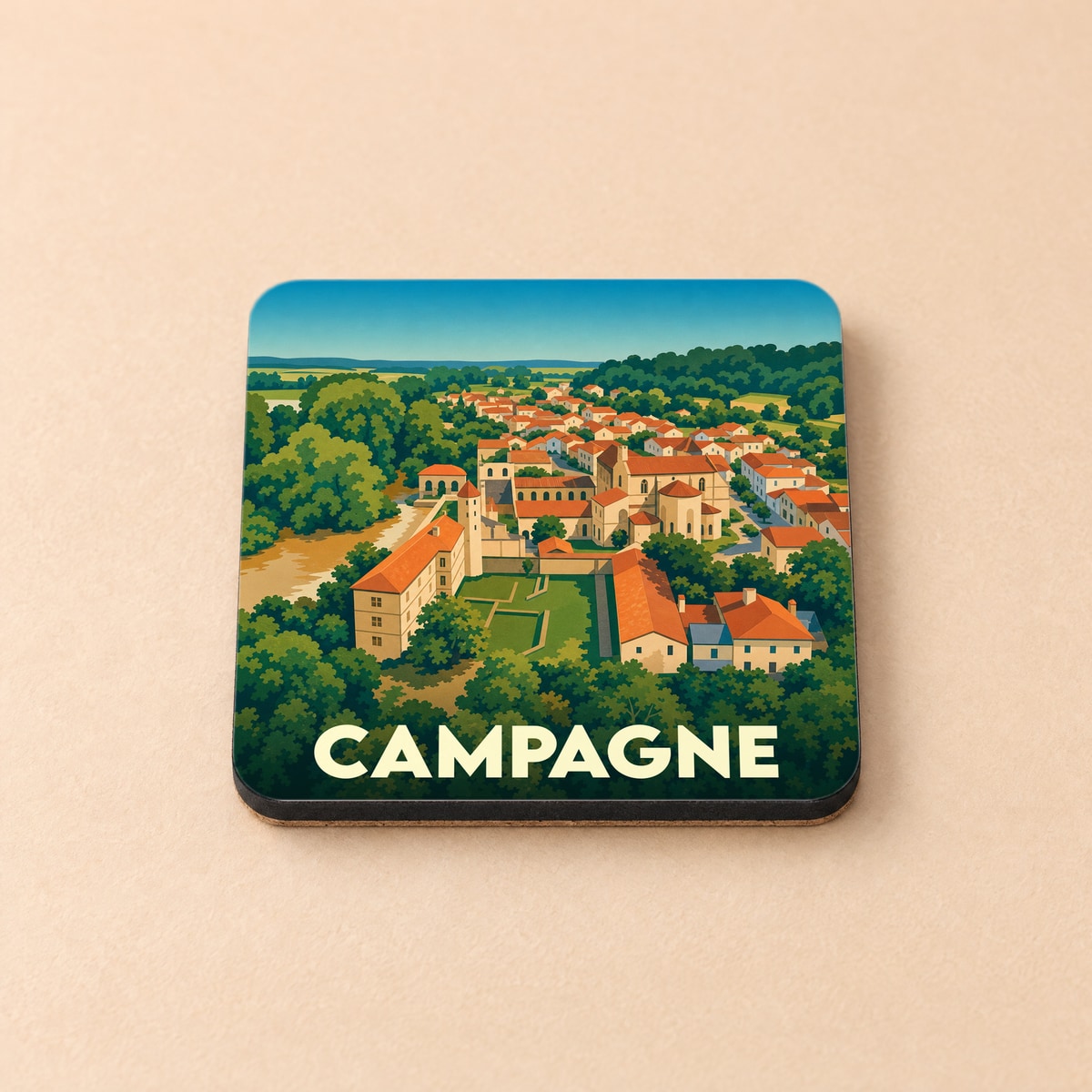 Dessous de verre souvenir de la ville de Campagne avec une illustration stylisée d'un village français entouré de verdure.